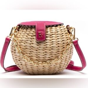 NWT Frances Valentine Honeypot Vachetta Tote Straw Bag Tan And Pink Gold Straps
